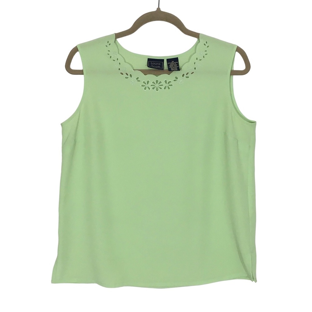 Laura Scott Green Sleeveless Blouse w/ Floral Eyelet Neckline, Women's Medium